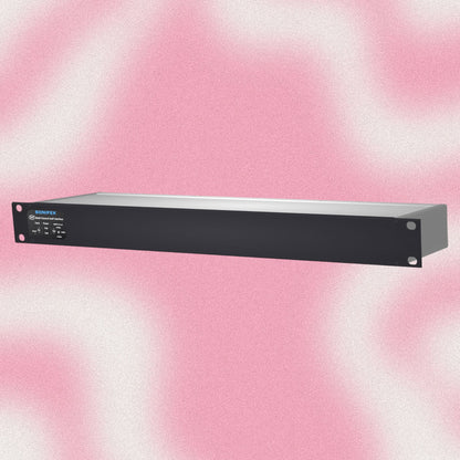 Angled front view of Sonifex AVN-AI16-DNT 16-Input XLR Dante Interface on pink background
