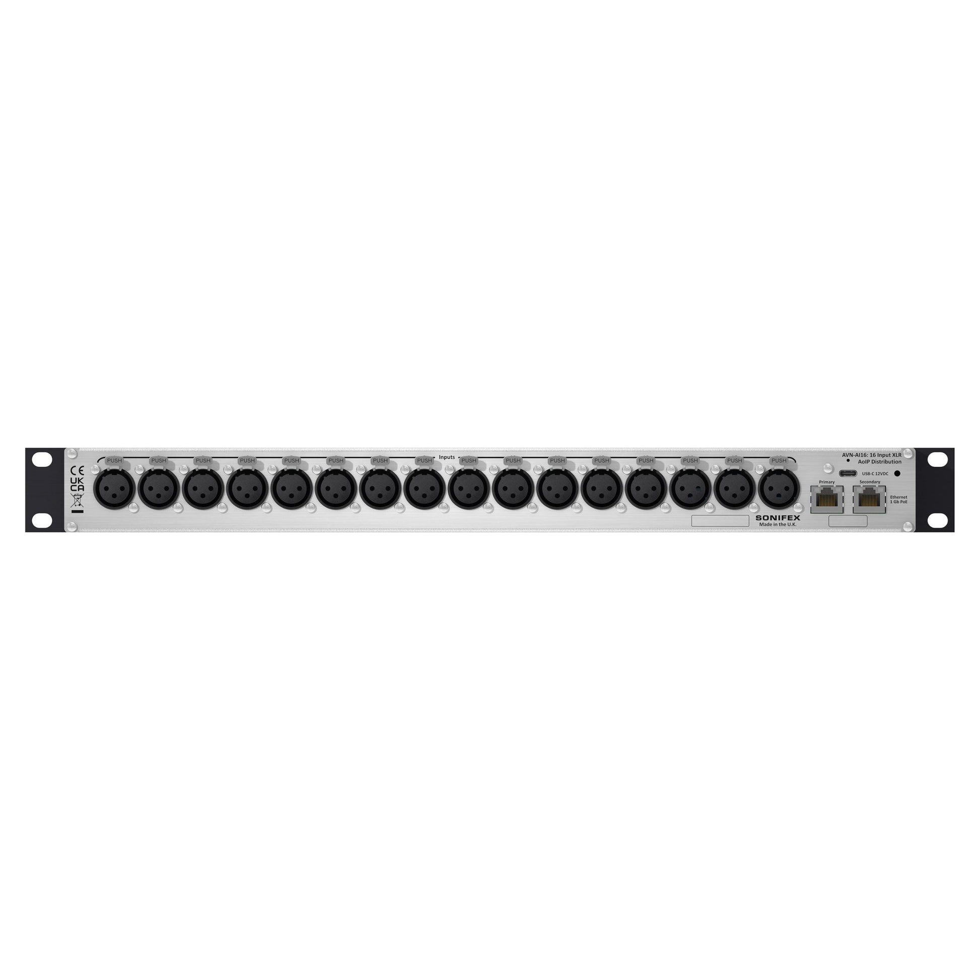 Rear ports view of Sonifex AVN-AI16-DNT 16-Input XLR Dante Interface on white background