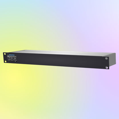 Angled front view of Sonifex AVN-AI16-RAV 16-Input XLR RAVENNA Interface on multicolored background