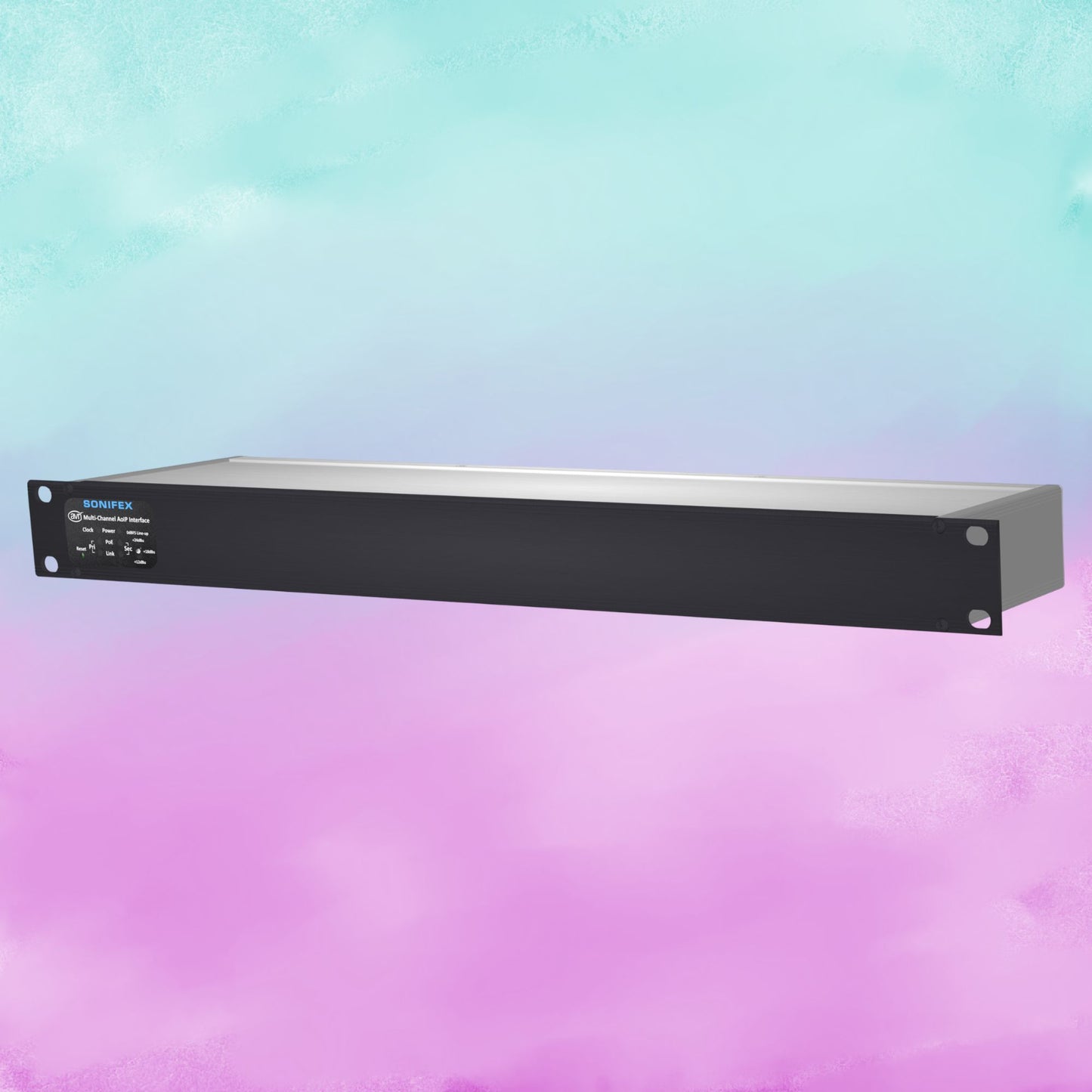 Angled front view of Sonifex AVN-AI16-T-RAV 16-Input Terminal Block RAVENNA Interface on blue and pink gradient background