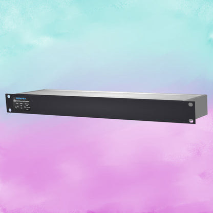Angled front view of Sonifex AVN-AI16-T-RAV 16-Input Terminal Block RAVENNA Interface on blue and pink gradient background