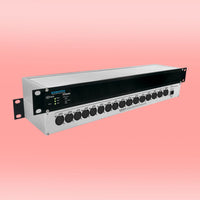 Pair of Sonifex AVN-AI16 stacked displaying front and rear panels on peach pink background