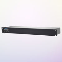 Angled front view of Sonifex AVN-AIO8-DNT 8x8 XLR Dante Interface on purple background