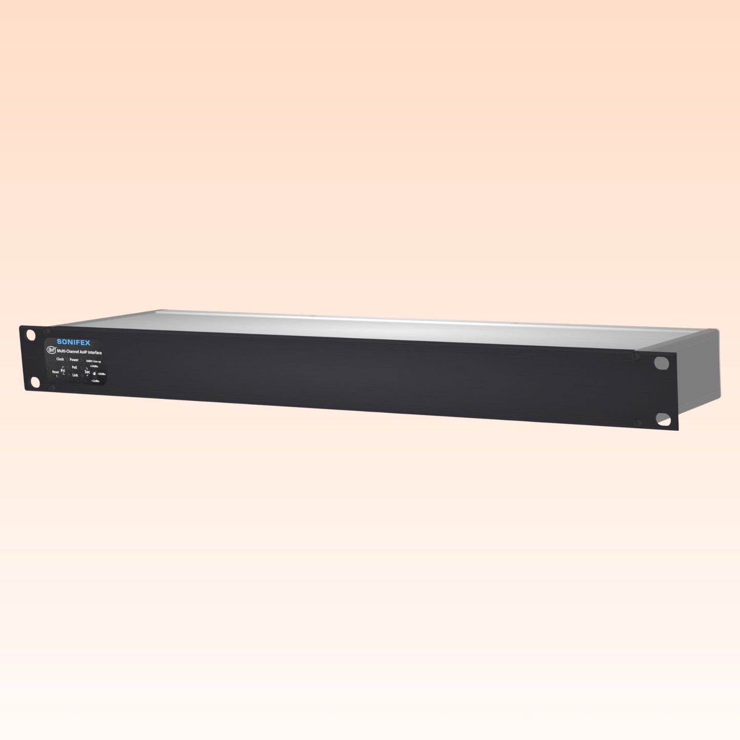 Angled front view of Sonifex AVN-AIO8-RAV 8x8 XLR RAVENNA Interface on orange background