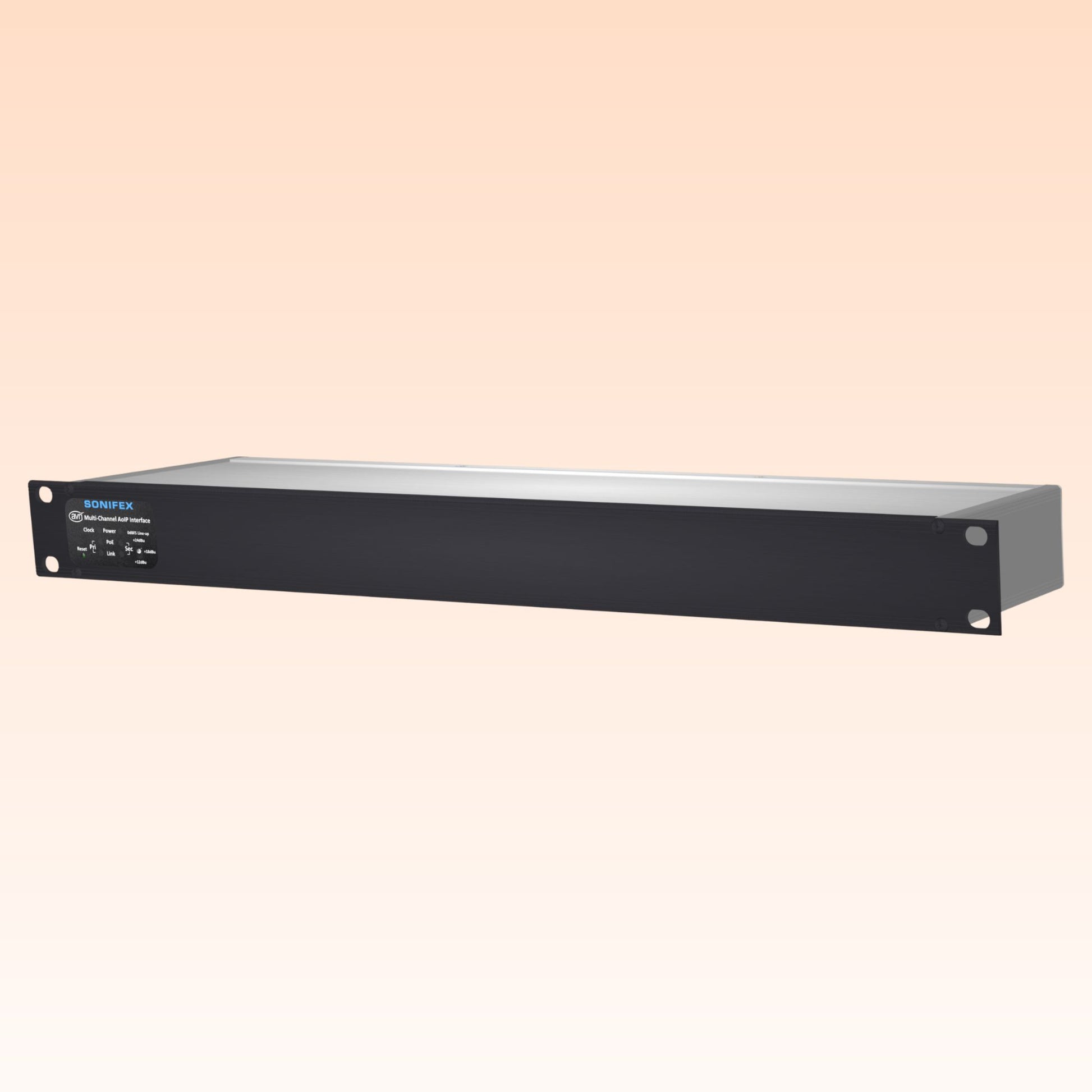 Angled front view of Sonifex AVN-AIO8-RAV 8x8 XLR RAVENNA Interface on orange background