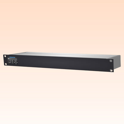 Angled front view of Sonifex AVN-AIO8-RAV 8x8 XLR RAVENNA Interface on orange background
