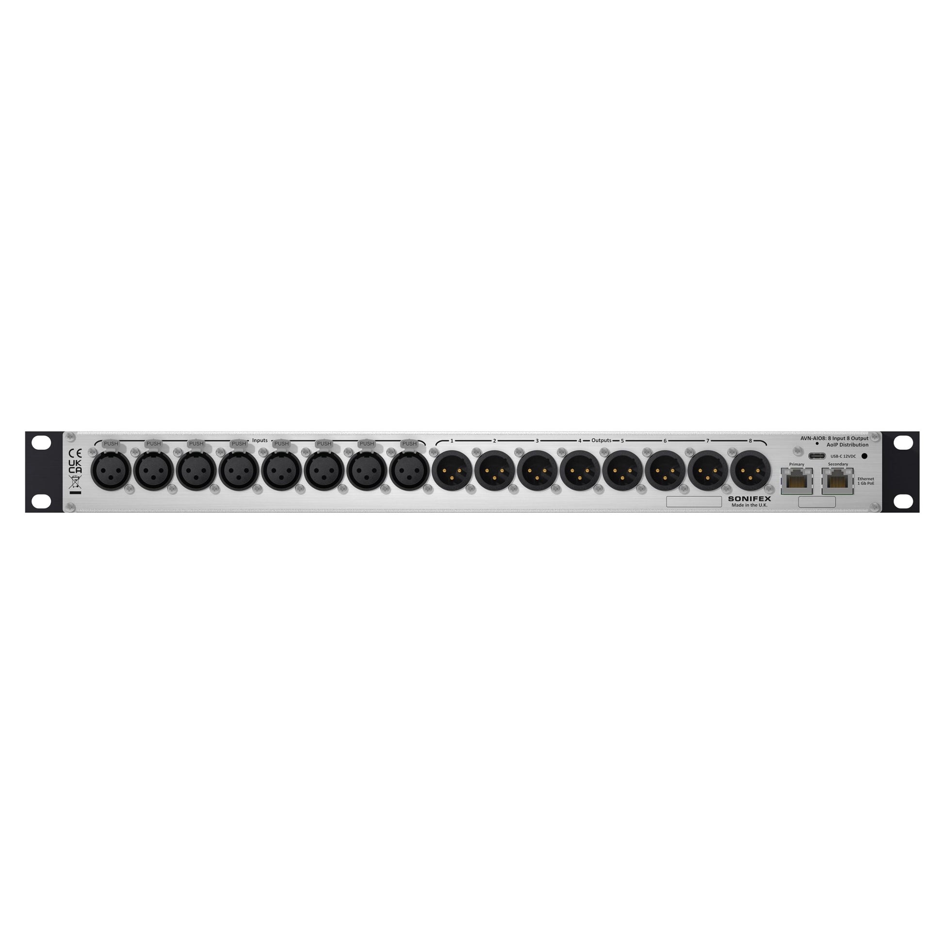 Rear ports view of Sonifex AVN-AIO8-RAV 8x8 XLR RAVENNA Interface on white background