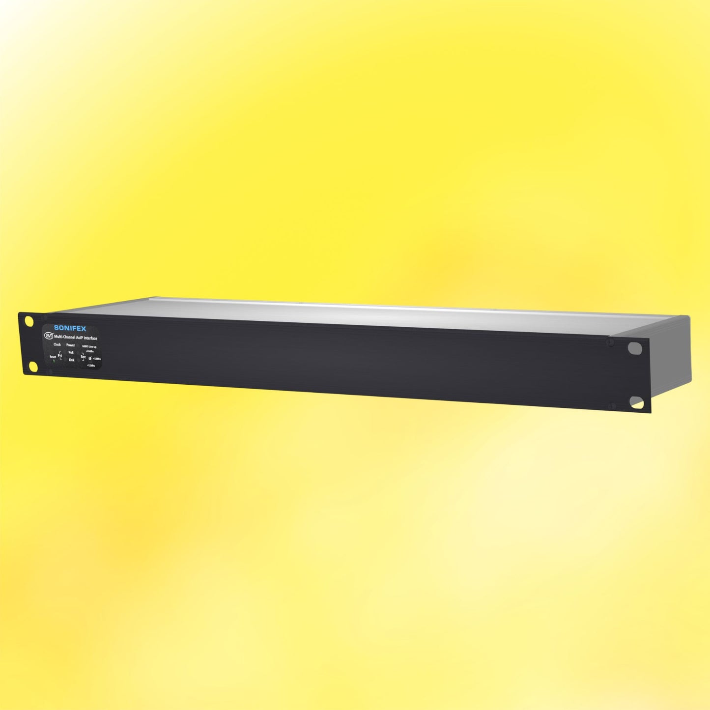 Angled front view of Sonifex AVN-AIO8-T-DNT 8x8 Terminal Block Dante Interface on yellow background