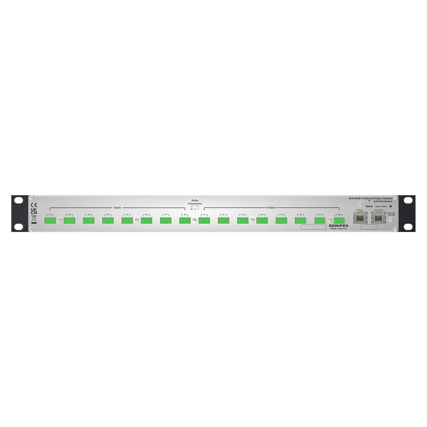 Rear ports view of Sonifex AVN-AIO8-T-DNT 8x8 Terminal Block Dante Interface on white background