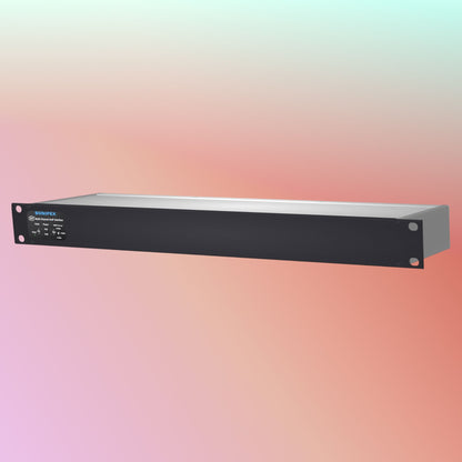 Angled front view of Sonifex AVN-AIO8-T-RAV 8x8 Terminal Block RAVENNA Interface on multicolored background
