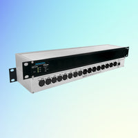 Pair of Sonifex AVN-AIO8 stacked displaying front and rear panels on blue background