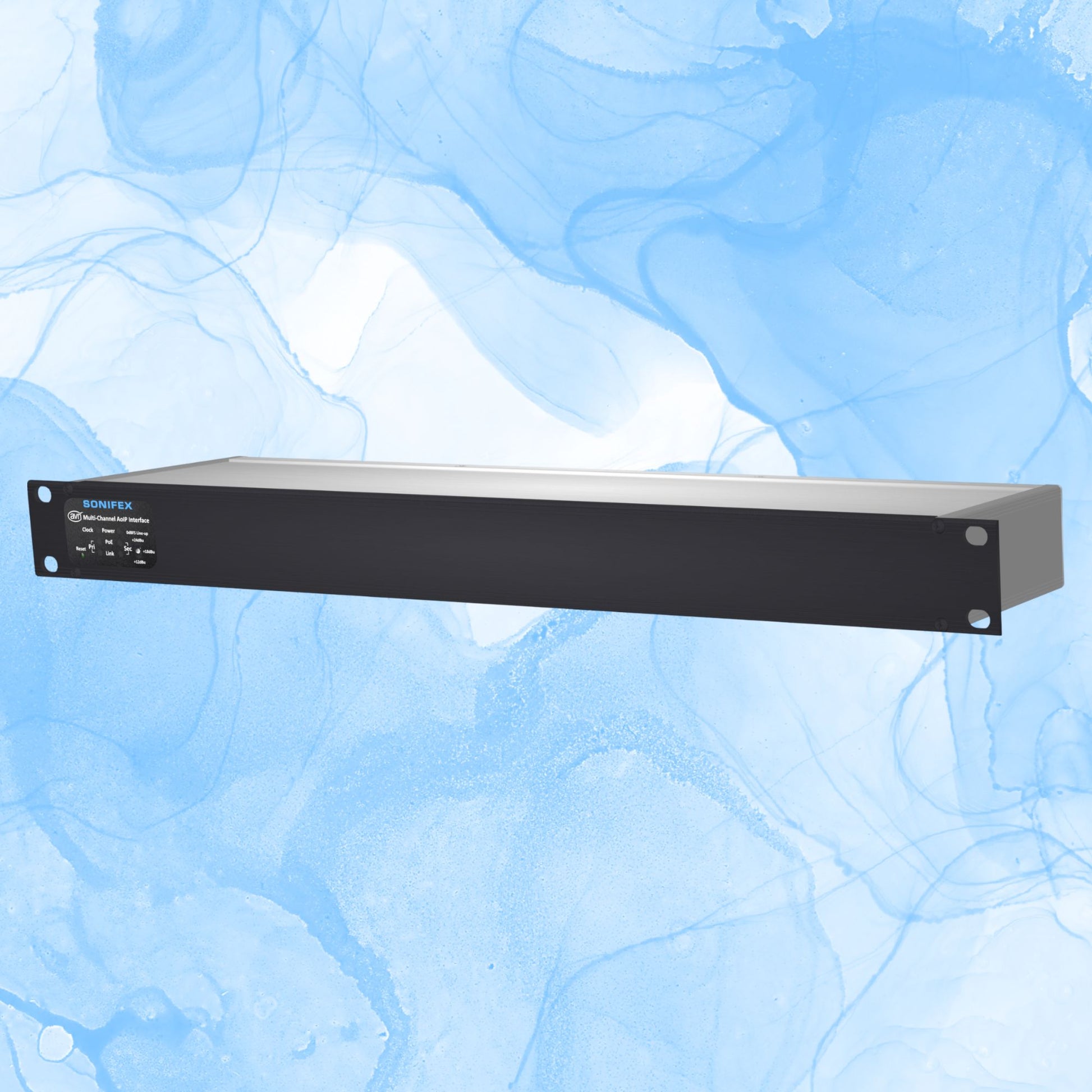 Angled front view of Sonifex AVN-AO16-DNT 16-Output XLR Dante Interface on blue background