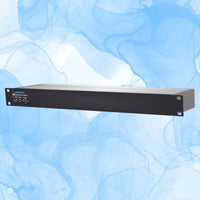 Angled front view of Sonifex AVN-AO16-DNT 16-Output XLR Dante Interface on blue background