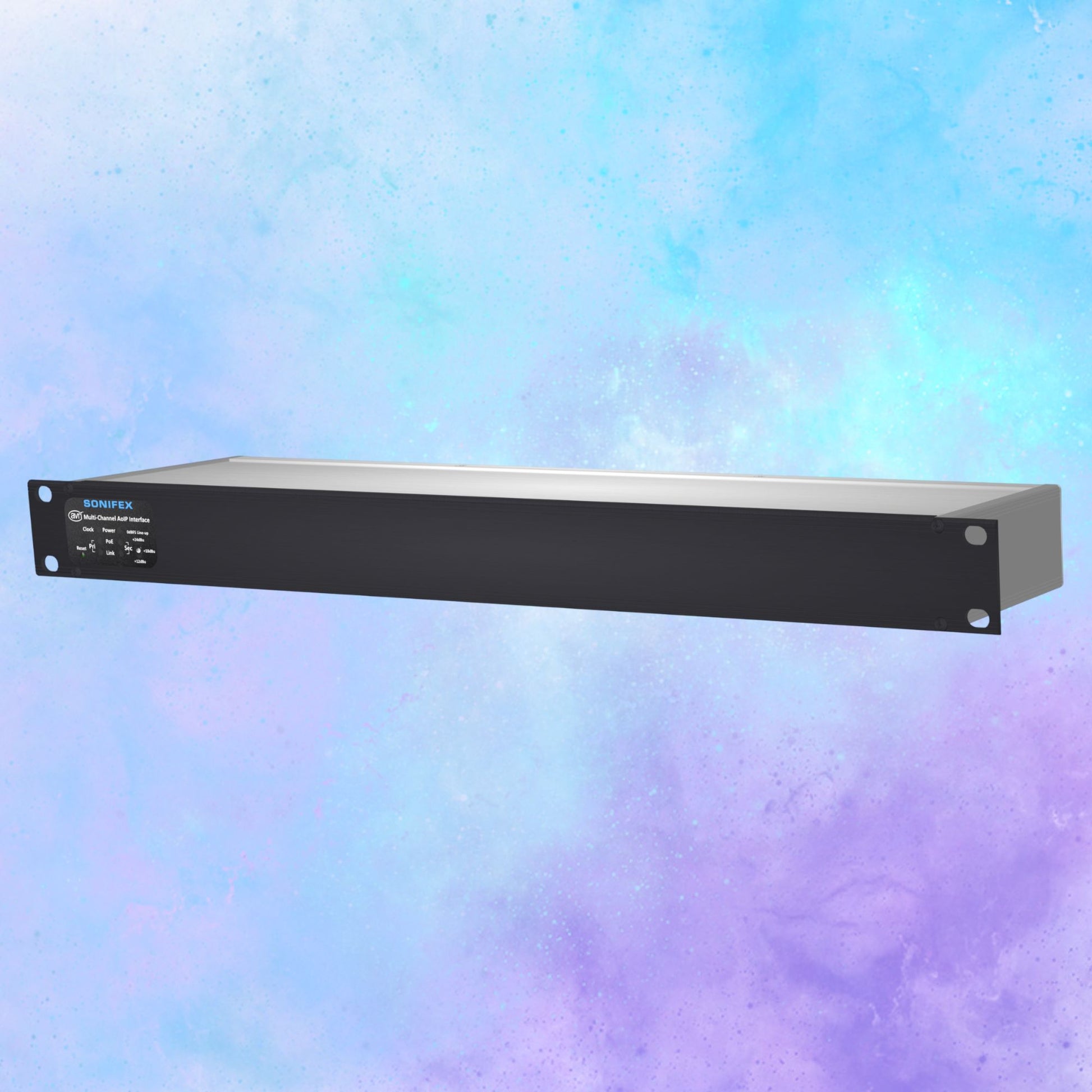 Angled front view of Sonifex AVN-AO16-T-DNT 16-Output Terminal Block Dante Interface on blue gradient background