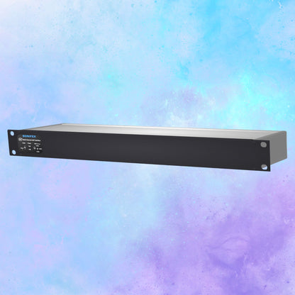 Angled front view of Sonifex AVN-AO16-T-DNT 16-Output Terminal Block Dante Interface on blue gradient background