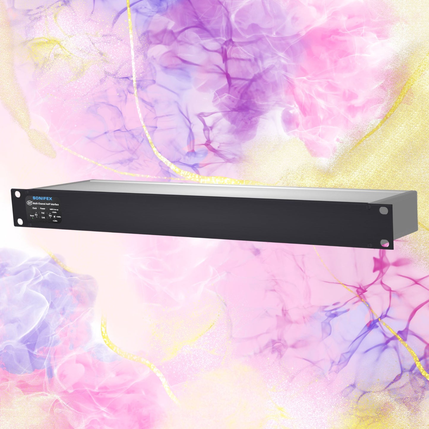 Angled front view of Sonifex AVN-AO16-T-RAV 16-Output Terminal Block RAVENNA Interface on multicolored background