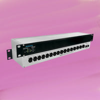 Pair of Sonifex AVN-AO16R stacked displaying front and rear panels on pink background