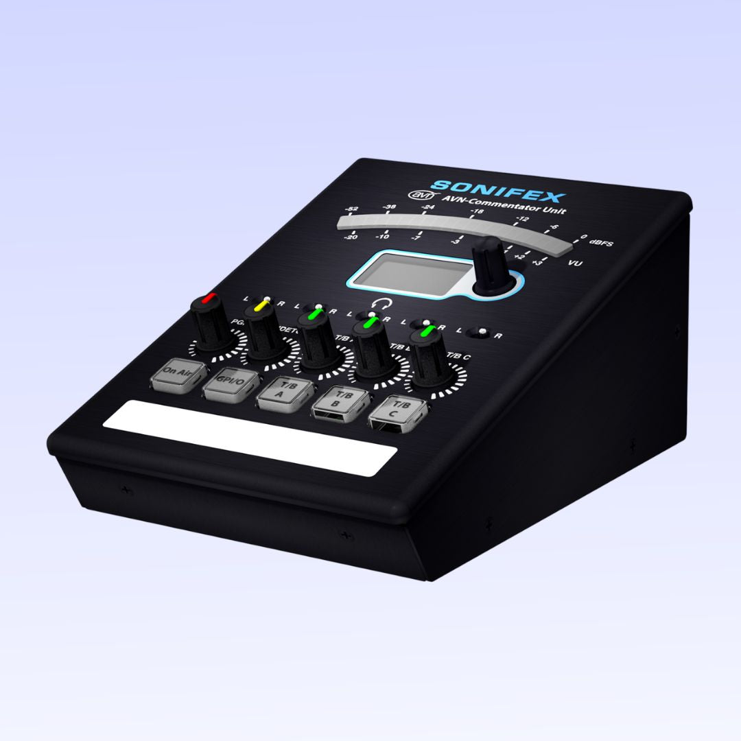 Angled view of Sonifex AVN-CU1 on purple background