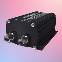 Angled front view of Sonifex AVN-DIO07 on pink and purple gradient background