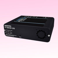 Angled front view of Sonifex AVN-DIO10-12G on pink background