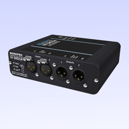 Angled front view of Sonifex AVN-DIO14 on lavender background