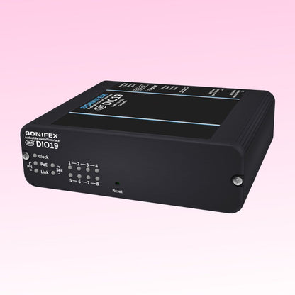 Angled front view of Sonifex AVN-DIO19 on pink background