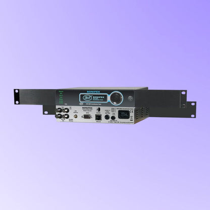 Pair of Sonifex AVN-GMCS on racks displaying front and rear panels on purple background