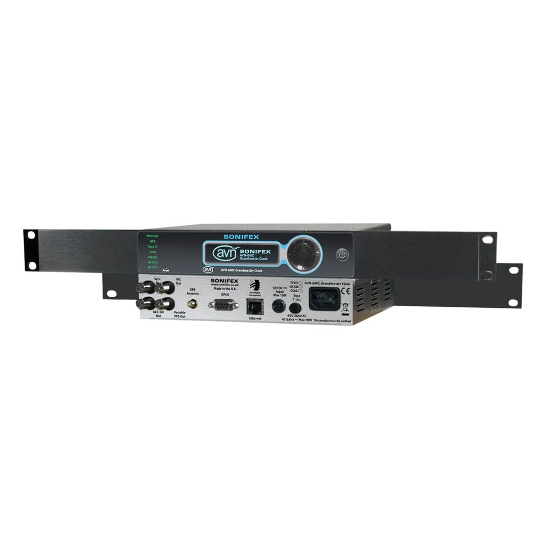 Pair of Sonifex AVN-GMCS on racks displaying front and rear panels on white background