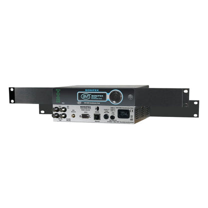 Pair of Sonifex AVN-GMCS on racks displaying front and rear panels on white background