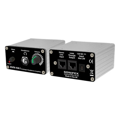 Pair of Sonifex AVN-HA1 side by side displaying front and rear panels on white background