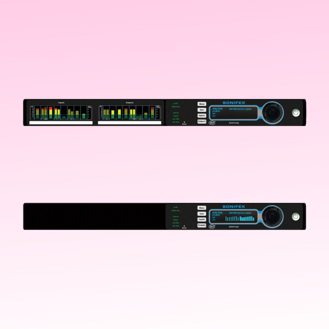Front view of Sonifex AVN-PA8 with meter display and Sonifex AVN-PA8 without meter display on pink background