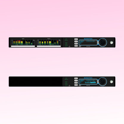 Front view of Sonifex AVN-PA8 with meter display and Sonifex AVN-PA8 without meter display on pink background