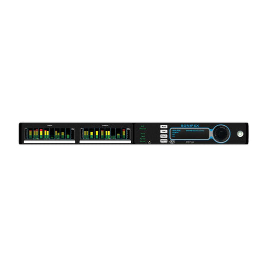 Front view of Sonifex AVN-PA8 with meter display on white background