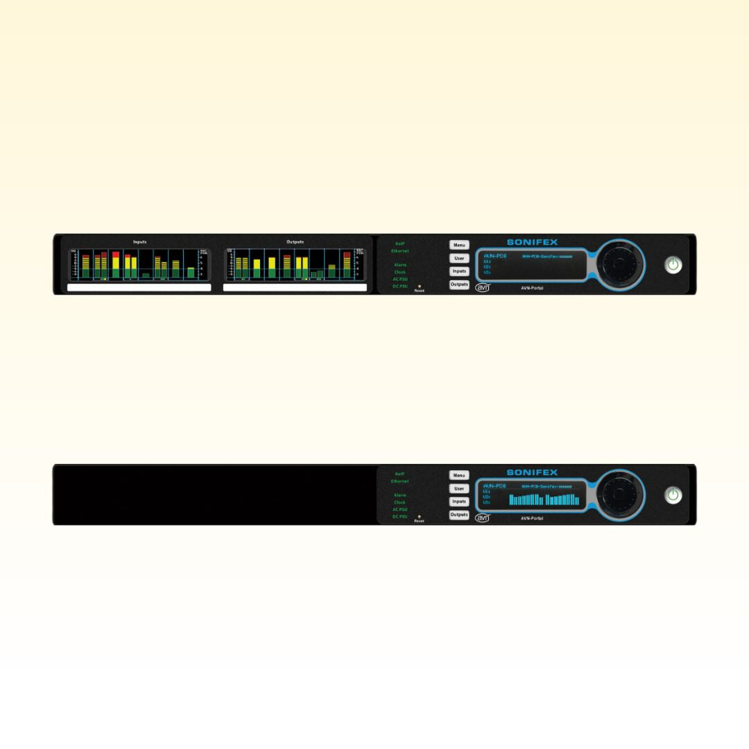 Front view of Sonifex AVN-PD8 with meter display and Sonifex AVN-PD8 without meter display on yellow background