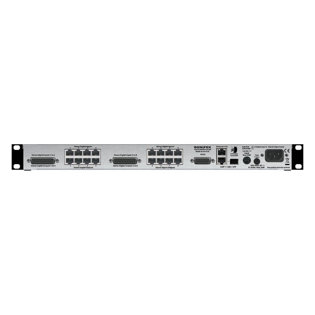 Rear view of Sonifex AVN-PD8 on white background