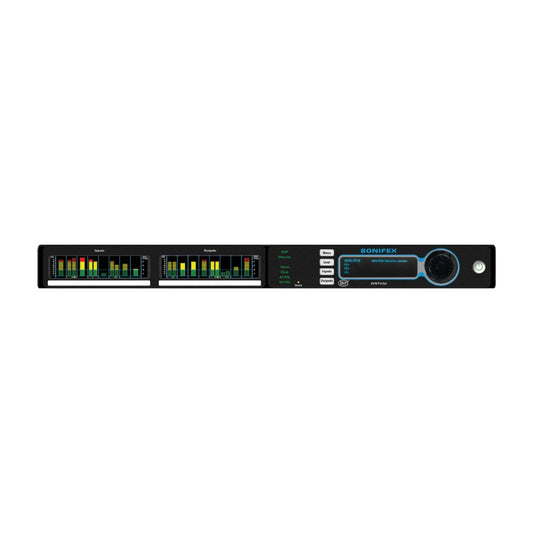 Front view of Sonifex AVN-PD8 with meter display on white background
