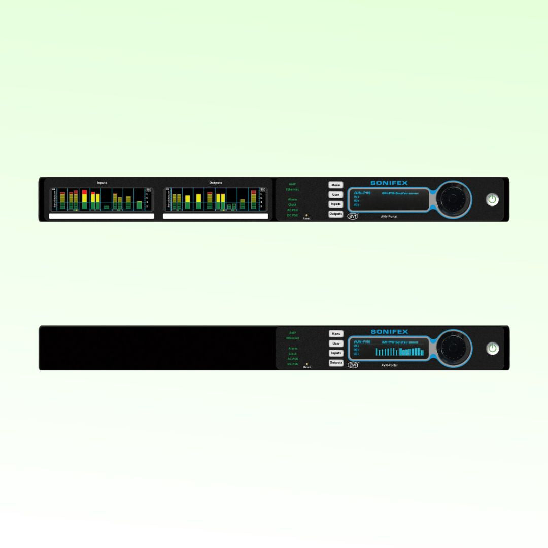 Front panels of Sonifex AVN-PM8 With Meter Display and Sonifex AVN-PM8 Without Meter Display on green background