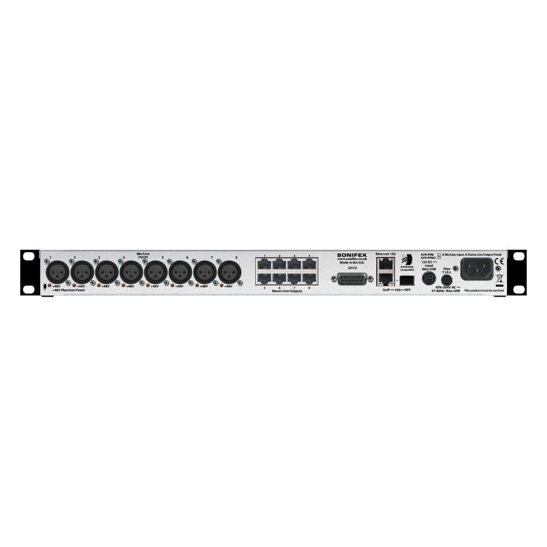 Rear panel of Sonifex AVN-PM8 on white background