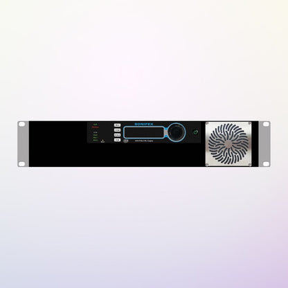 Front view of Sonifex AVN-PX8X4C on purple background