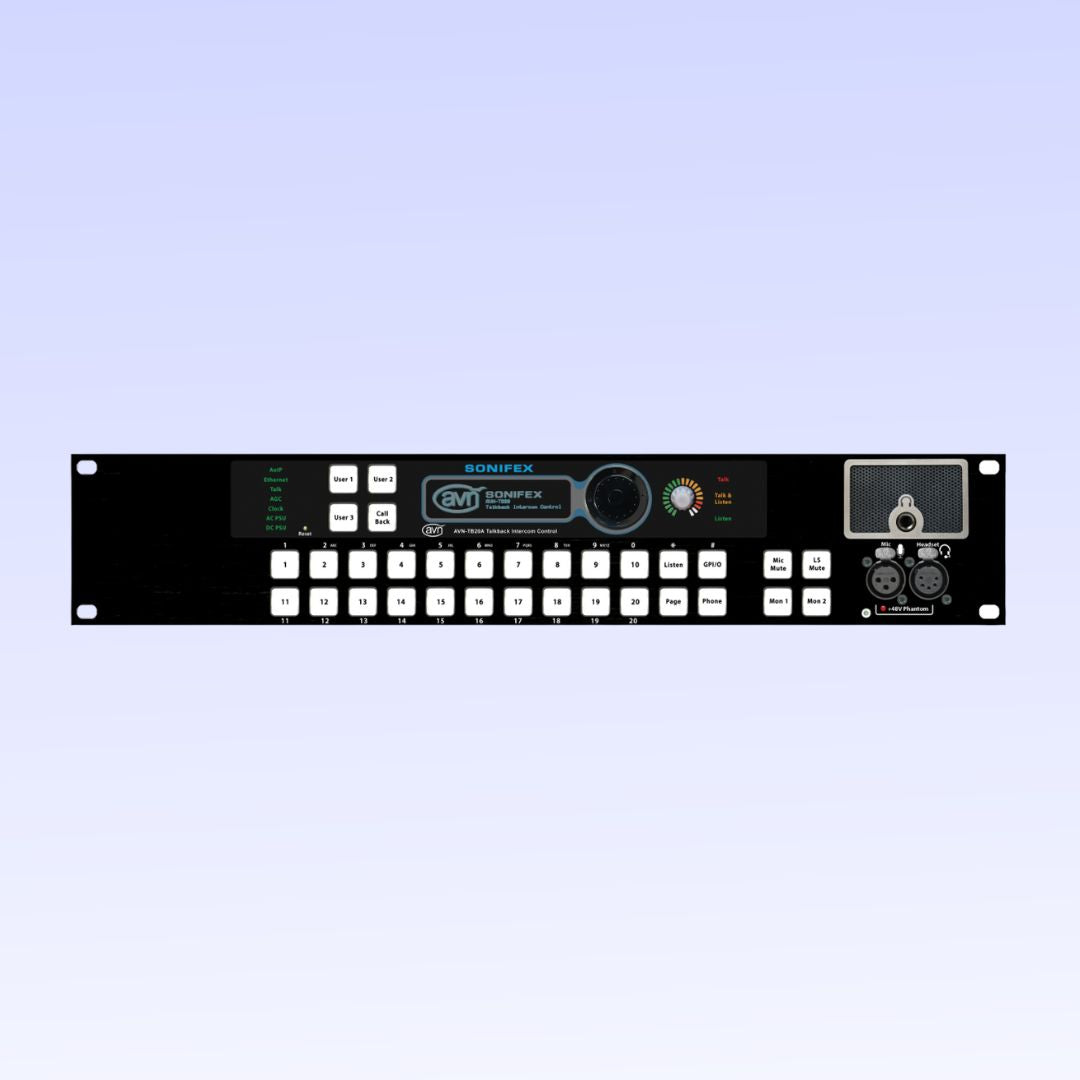 Front panel of Sonifex AVN-TB20AR on lilac background