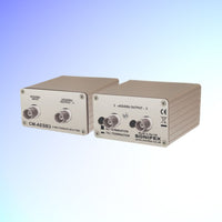 Pair of Sonifex CM-AESB3 side by side showing its front and rear panels on blue background