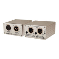 Pair of Sonifex CM-AESX3 side by side presenting its front and rear panels on white background