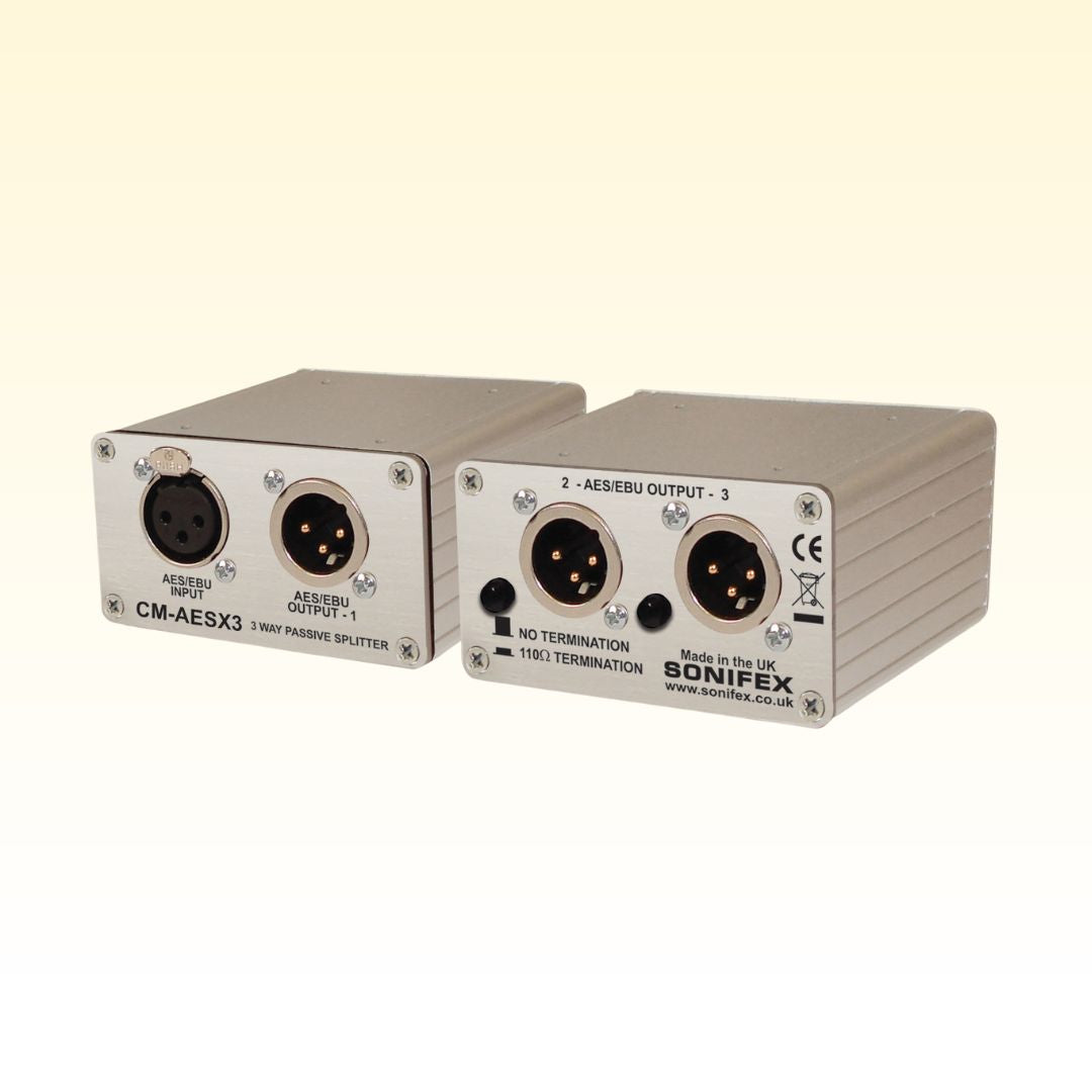 Pair of Sonifex CM-AESX3 side by side presenting its front and rear panels on yellow background