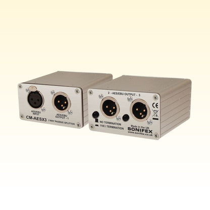 Pair of Sonifex CM-AESX3 side by side presenting its front and rear panels on yellow background