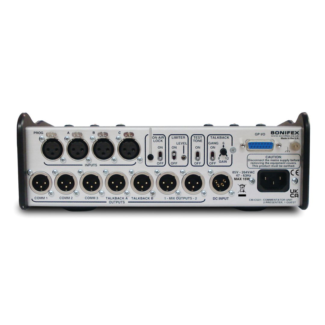 Rear panel of Sonifex CM-CU21 on white background