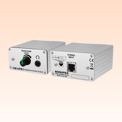 Pair of Sonifex CM-HPR1 side by side displaying front and rear panels on orange background