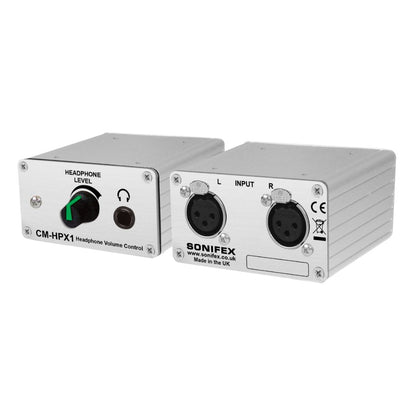 Pair of Sonifex CM-HPX1 side by side displaying front and rear panels on white background
