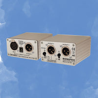 Pair of Sonifex CM-MS3 side by side displaying front and rear panels on blue background