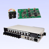 Pair of Sonifex CM-TB8 stacked displaying front and rear panels and front view of Sonifex CM-TBT chip on lilac background