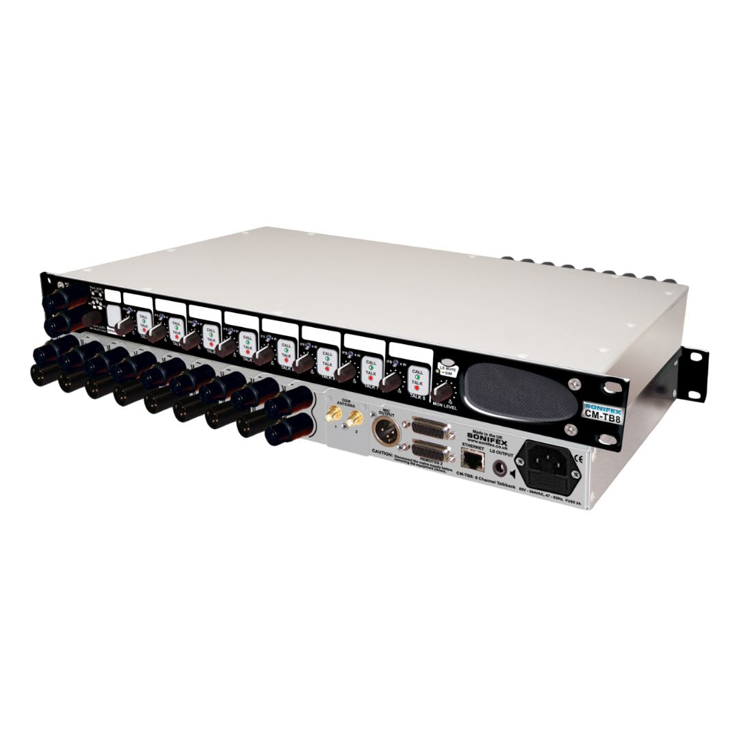 Pair of Sonifex CM-TB8 stacked displaying front and rear panels on white background